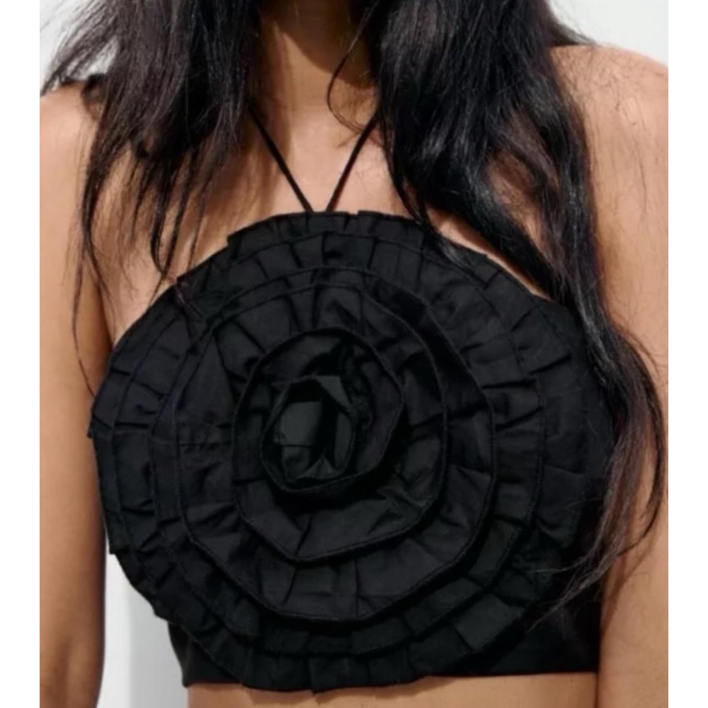 Black 3D Poplin Flower Halter Crop Top Medium Y2K Festival Textured Corset Back